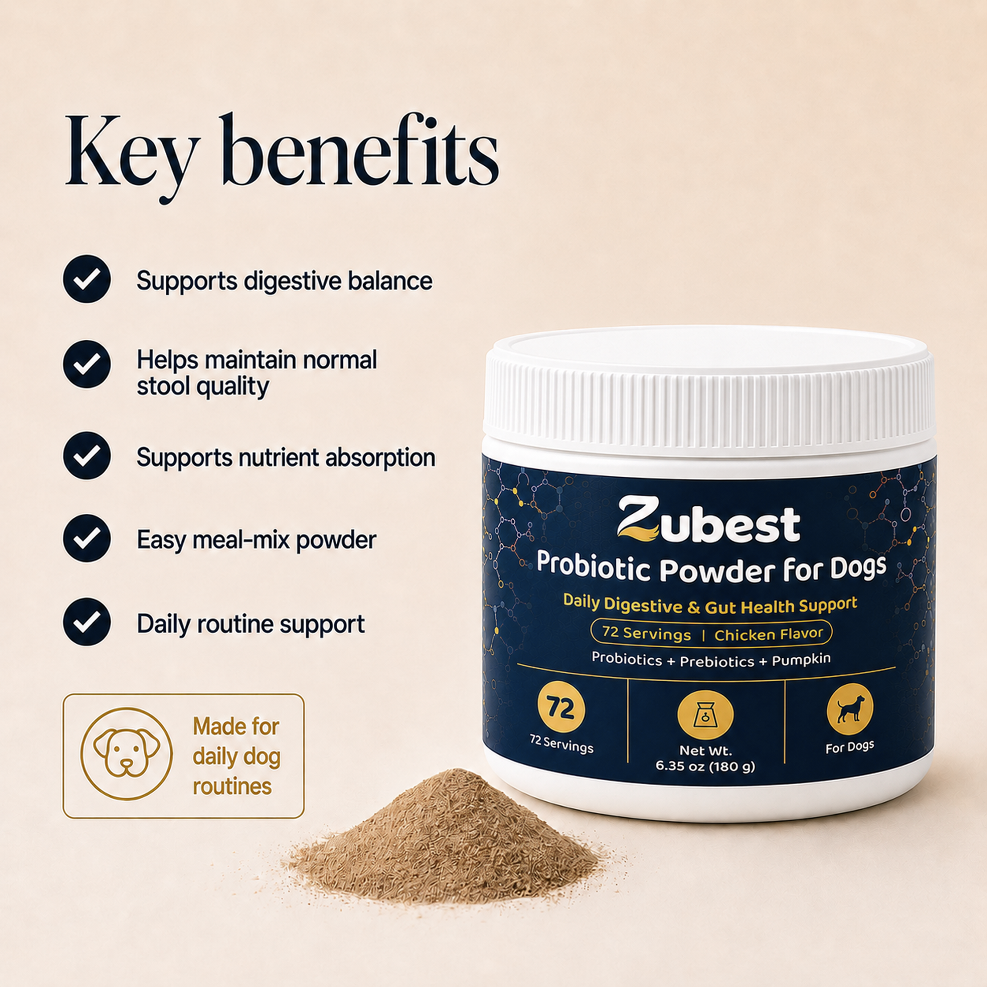 Zubest dog probiotic powder key benefits and meal-mix format