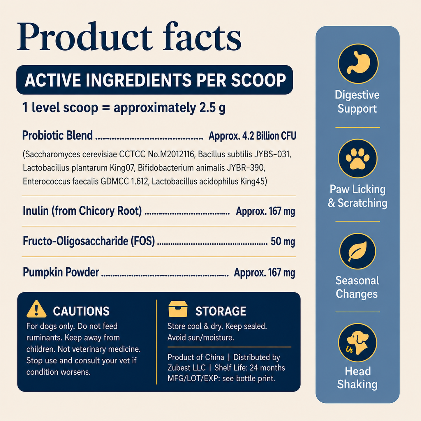 Zubest Probiotic Powder for Dogs product facts, cautions and storage